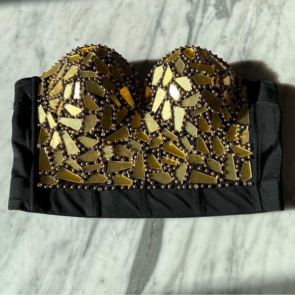 BATRC Tops - 🌴2/$22🌴 Embellished Gold & Black Disco Rhinestone Mirror Bustier, XXS